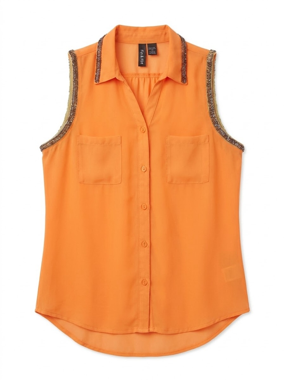 FUN & FLIRT Bright Orange Sleeveless Button-Front Shirt with Beaded Trim Small